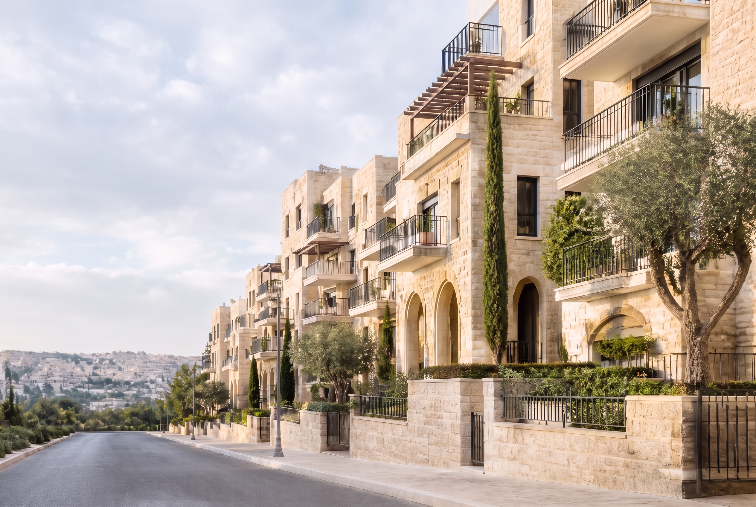 Row of upscale Jerusalem stone apartment buildings on a quiet residential street